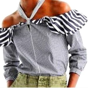 J. Crew Off The Shoulder Cropped Blue White Nautical Blouse